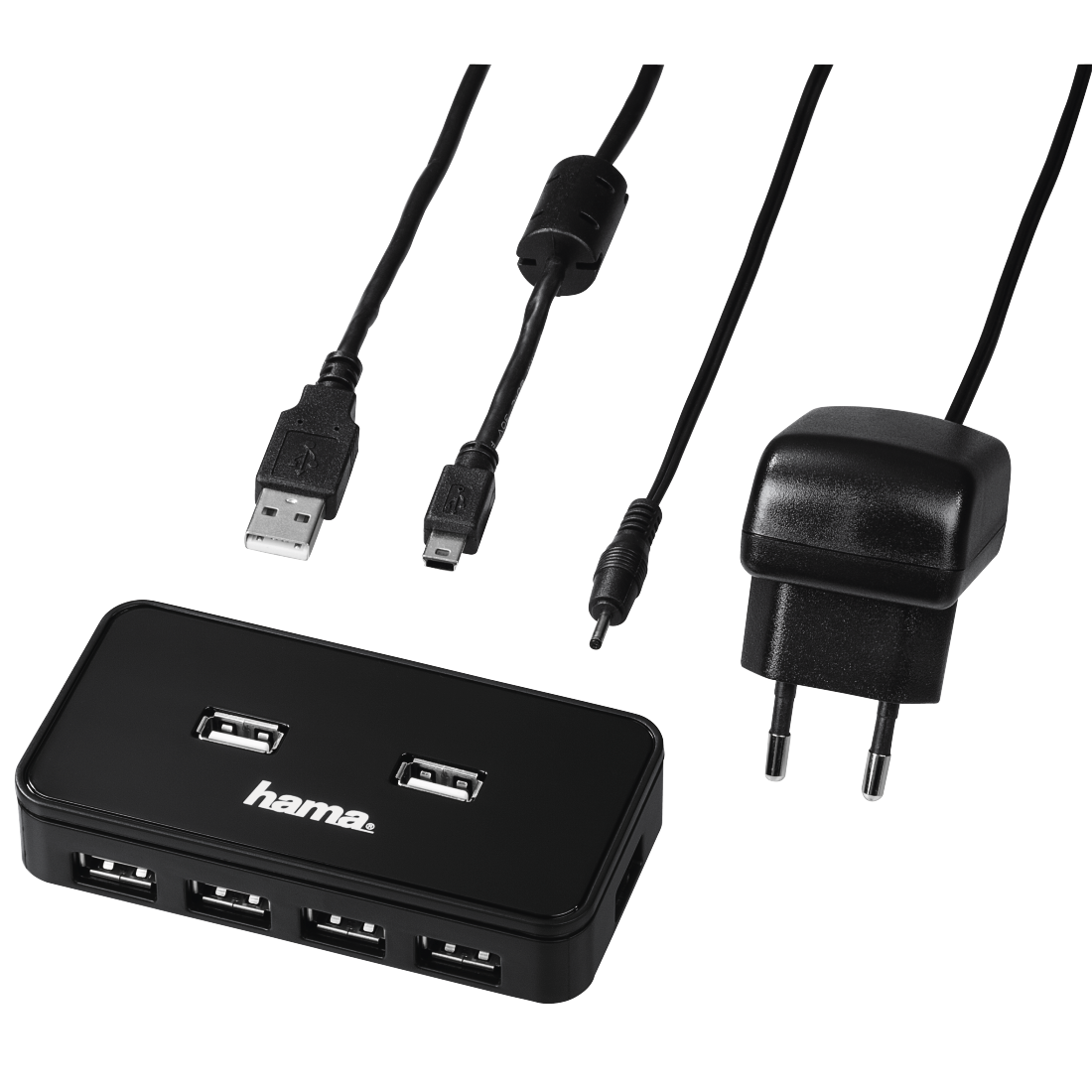 00039859 Hama USB 2.0 Hub 1:7, with power supply, black, cardboard box |  hama.com