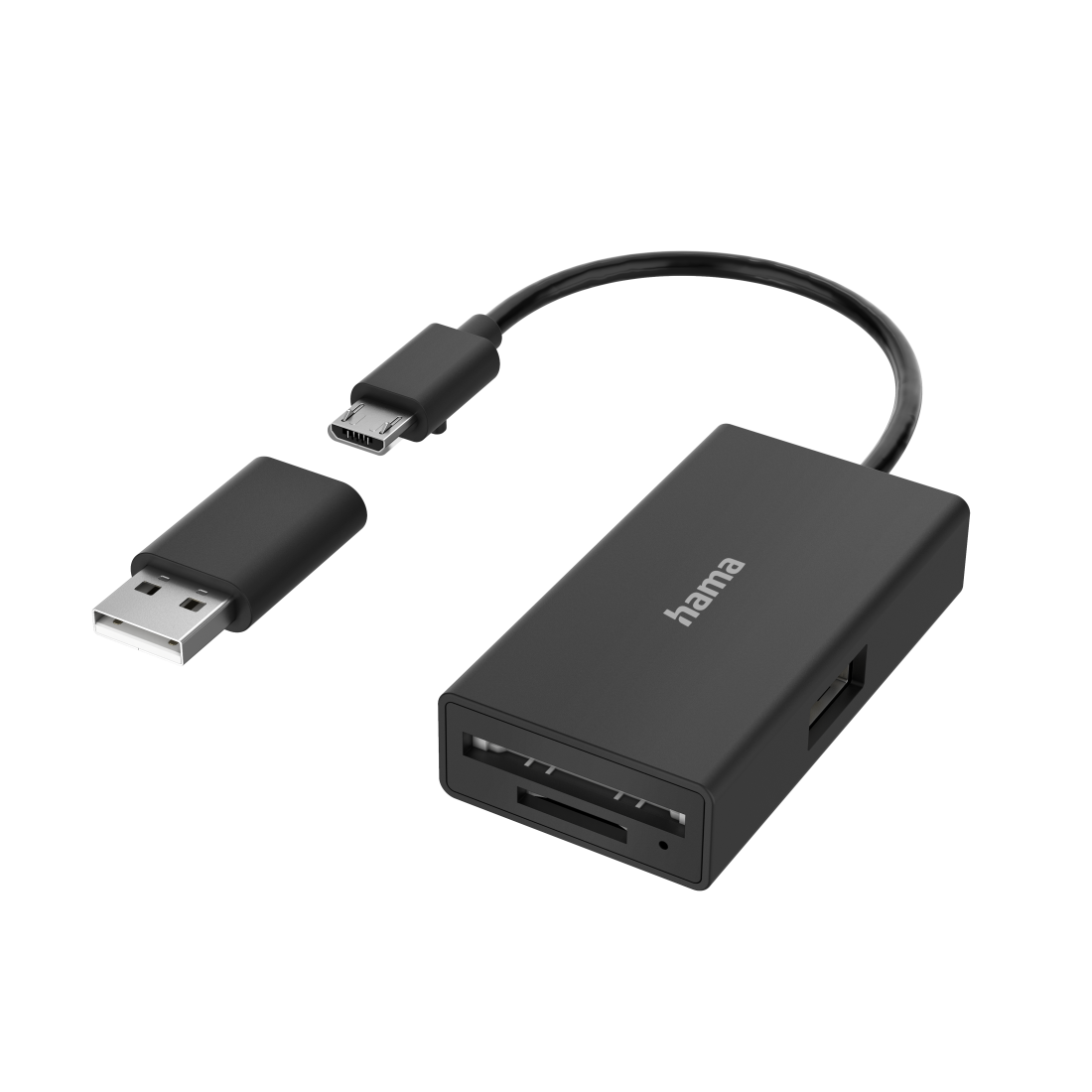 00200125 Hama USB OTG Hub / Card Reader, 3 Ports, USB-A, SD, microSD, incl.  USB-A Adapter